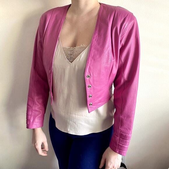 Vintage 80s Yucatan Bay Pink 2 Piece Leather Mini Skirt Jacket Matching Suit Set - Picture 10 of 14